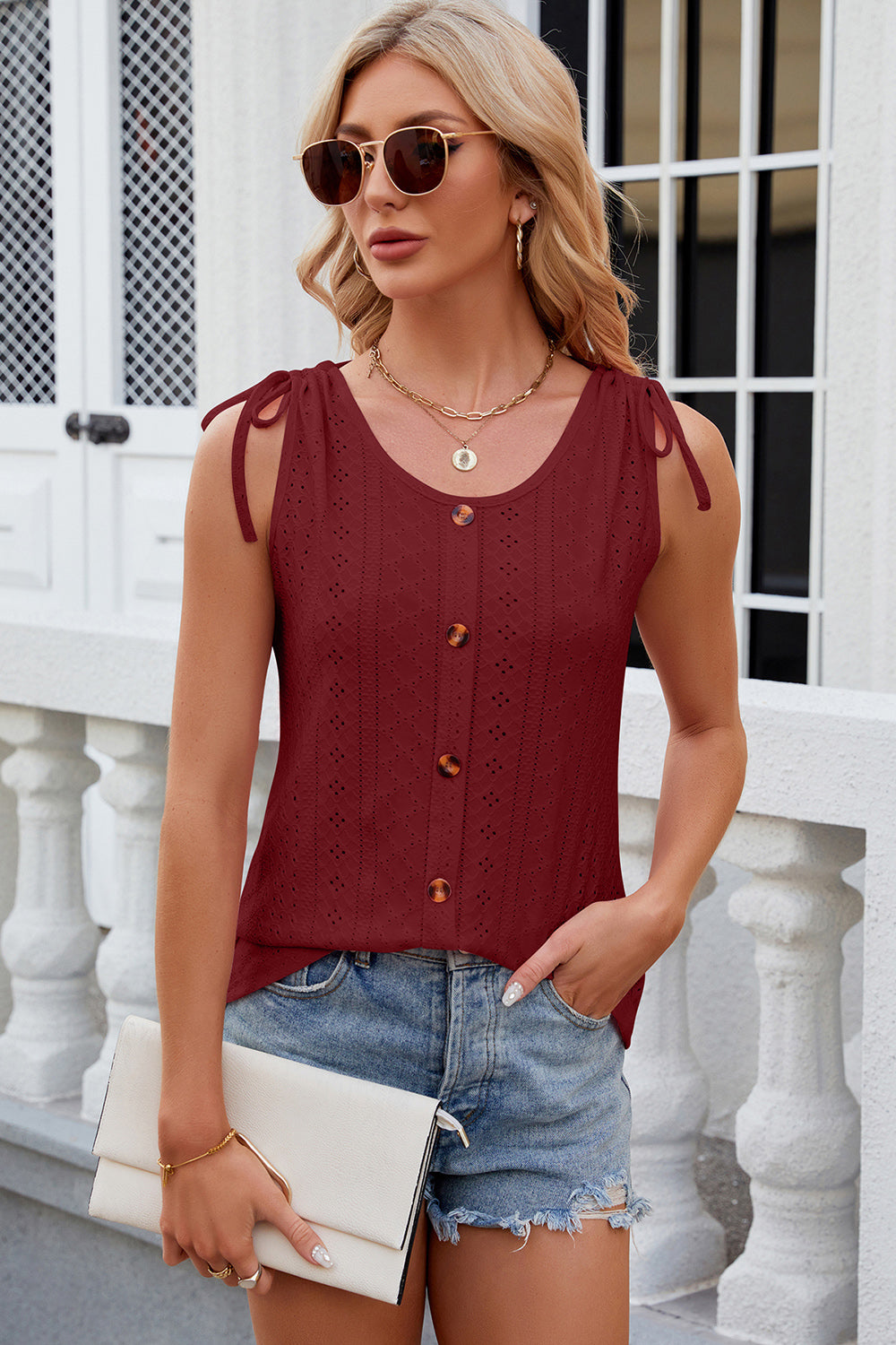 Eyelet Round Neck Wide Strap Tank
