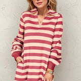 Double Take Full Size Striped Contrast Collared Neck Long Sleeve Dress
