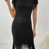 Fringe Openwork Boat Neck Knit Dress
