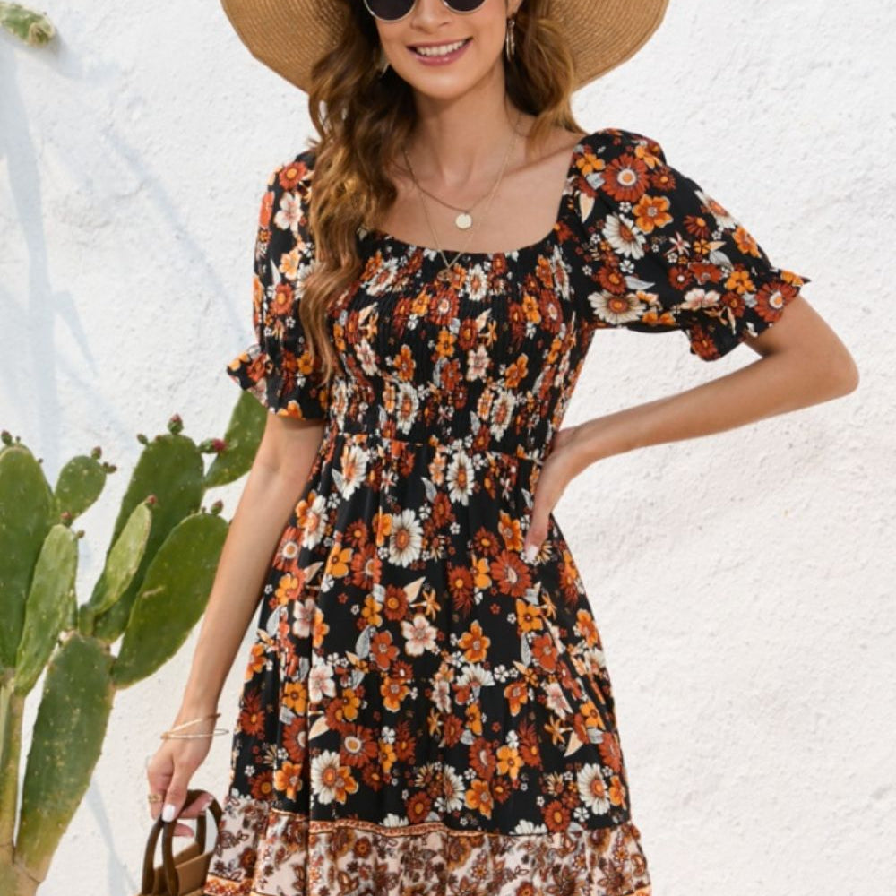 Printed Square Neck Short Sleeve Dress
