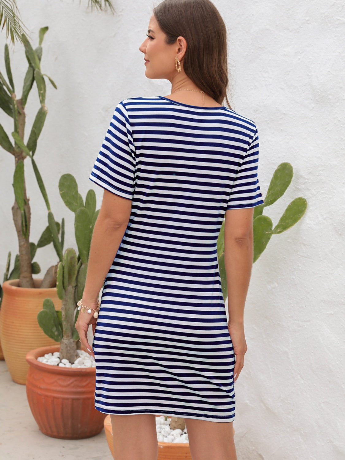 Cutout Striped Round Neck Short Sleeve Dress
