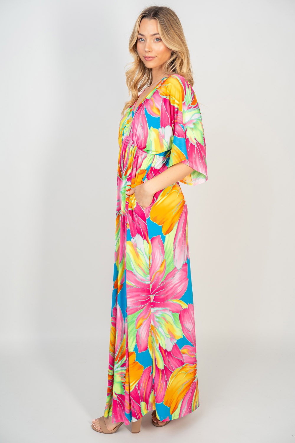 White Birch Printed V-Neck Maxi Dress with Pockets
