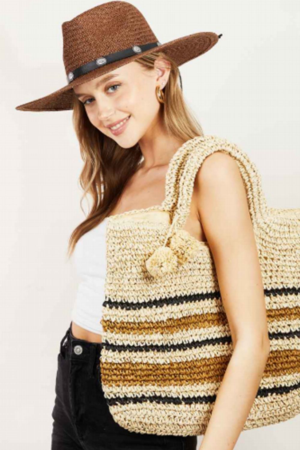 Fame Striped Straw Braided Tote Bag
