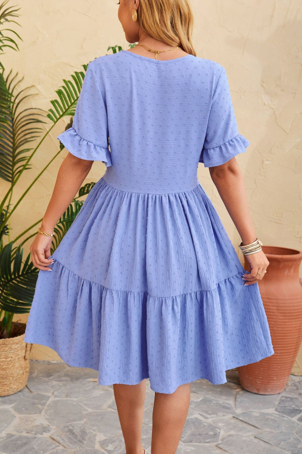 Swiss Dot Ruffled V-Neck Tiered Dress
