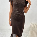 Fringe Openwork Boat Neck Knit Dress
