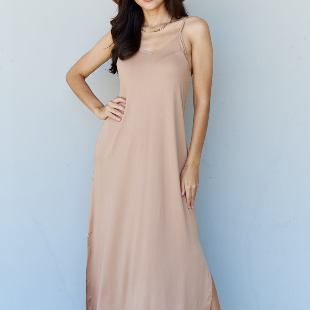 Ninexis Good Energy Full Size Cami Side Slit Maxi Dress in Camel
