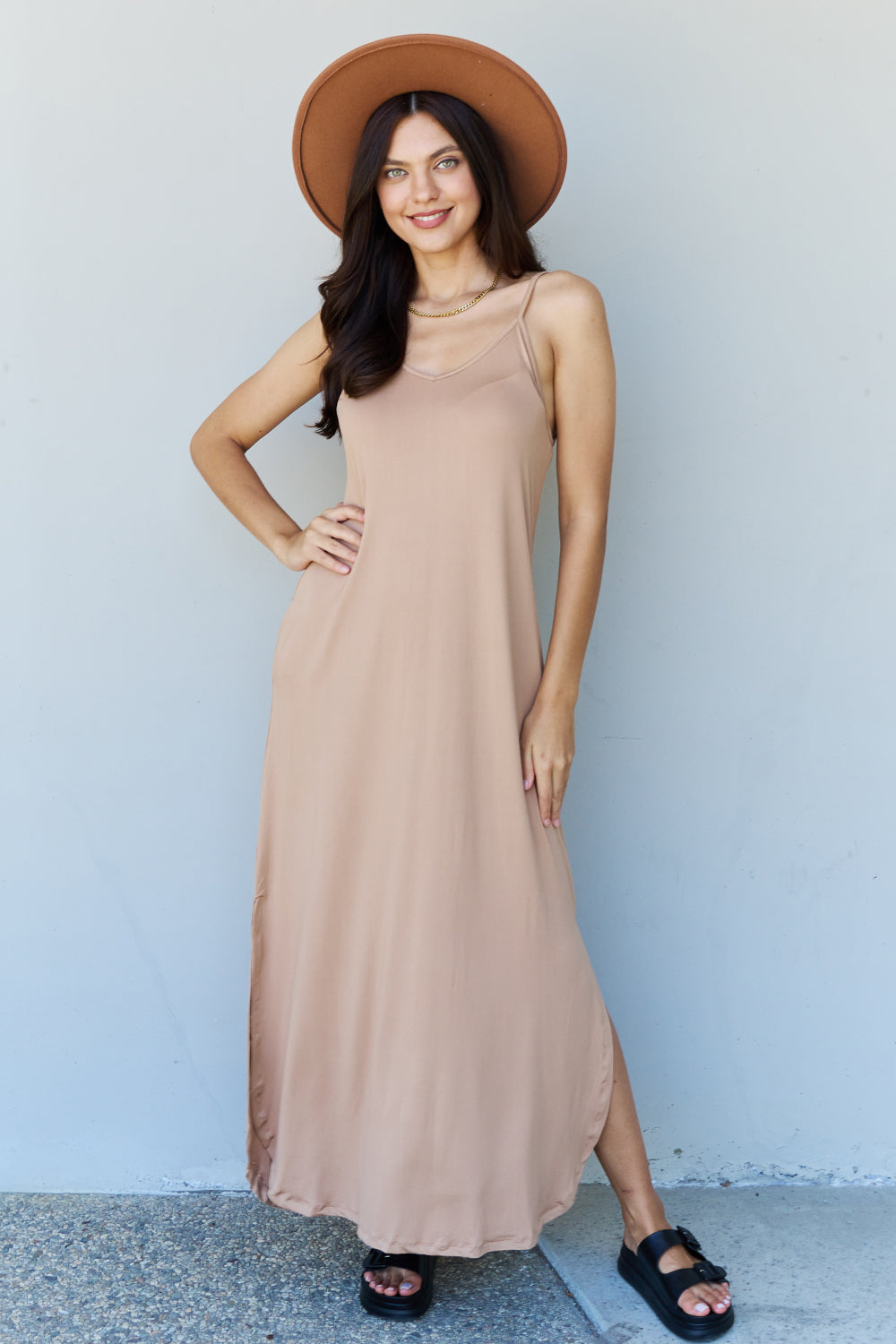 Ninexis Good Energy Full Size Cami Side Slit Maxi Dress in Camel
