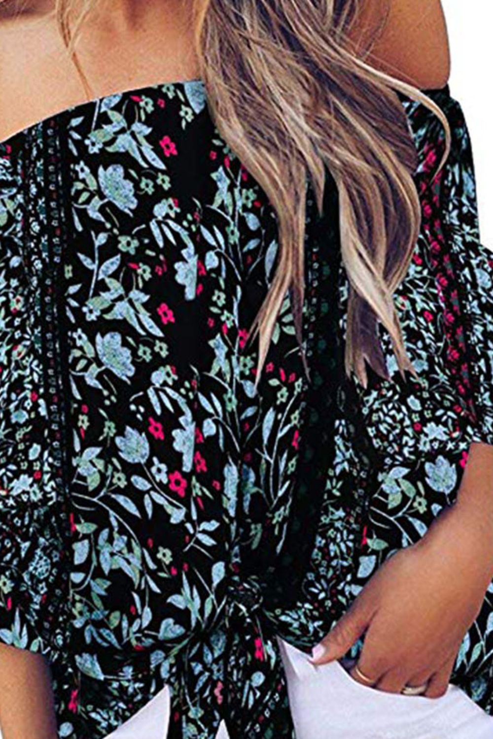 Tied Printed Off-Shoulder Half Sleeve Blouse
