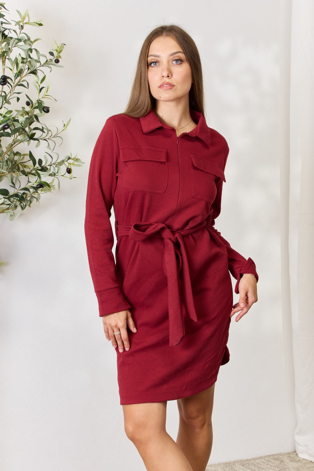 Culture Code Full Size Tie Front Half Zip Long Sleeve Shirt Dress
