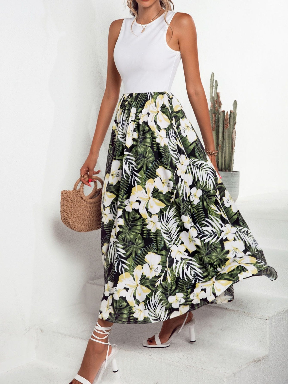 Printed Round Neck Sleeveless Dress
