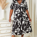 Double Take Printed Surplice Balloon Sleeve Dress
