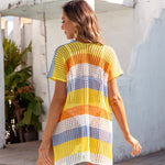 Openwork Striped V-Neck Short Sleeve Cover Up
