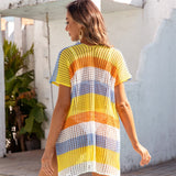 Openwork Striped V-Neck Short Sleeve Cover Up
