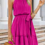 Ruched Grecian Neck Tie Waist Mini Dress
