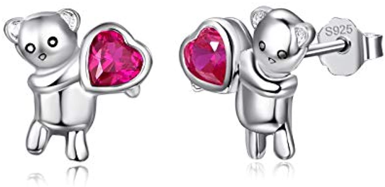 Sterling Silver Tiny Animal Cute Bear Holding a Heart Stud Earrings
