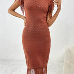 Fringe Openwork Boat Neck Knit Dress
