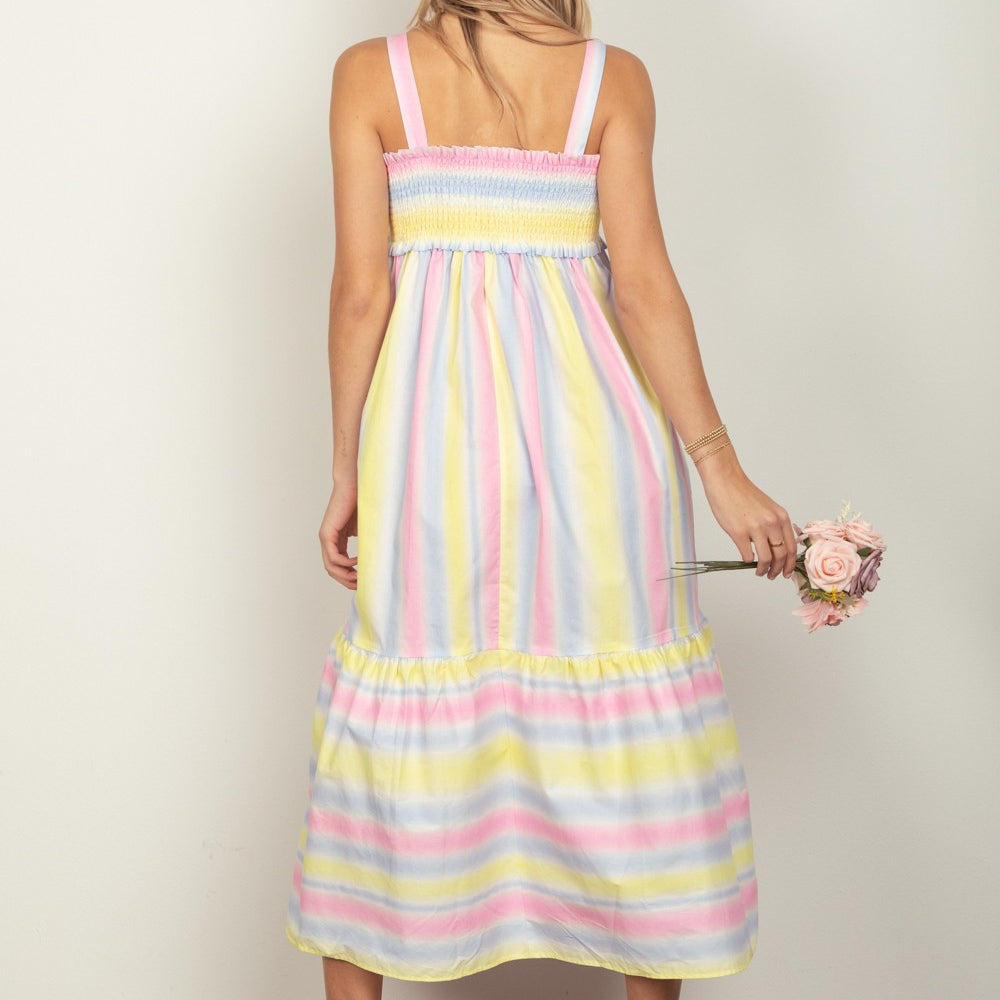 VERY J Striped Woven Smocked Midi Cami Dress
