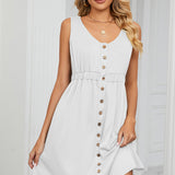 Buttoned Wide Strap Mini Dress
