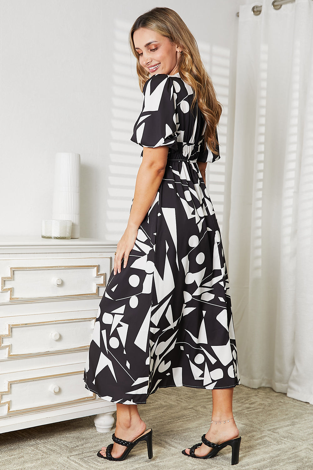 Double Take Printed Surplice Balloon Sleeve Dress
