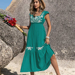 Embroidered Square Neck Cap Sleeve Dress
