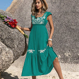 Embroidered Square Neck Cap Sleeve Dress
