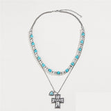 Artificial Turquoise Beaded Double-Layered Cross Necklace
