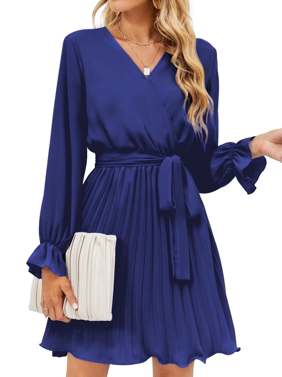 Surplice Flounce Sleeve Pleated Mini Dress
