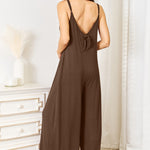 Double Take Full Size Soft Rayon Spaghetti Strap Tied Wide Leg Jumpsuit
