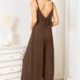 Double Take Full Size Soft Rayon Spaghetti Strap Tied Wide Leg Jumpsuit
