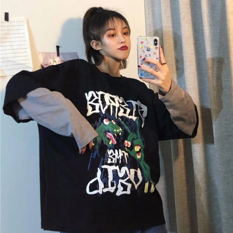 Spring sports fake two-piece hedging cartoon T-shirt women loose
