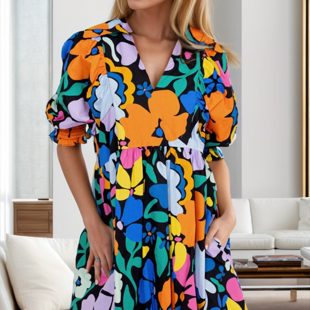 Printed Johnny Collar Half Sleeve Mini Dress
