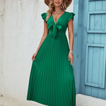 Tied Ruffled V-Neck Pleated Dress
