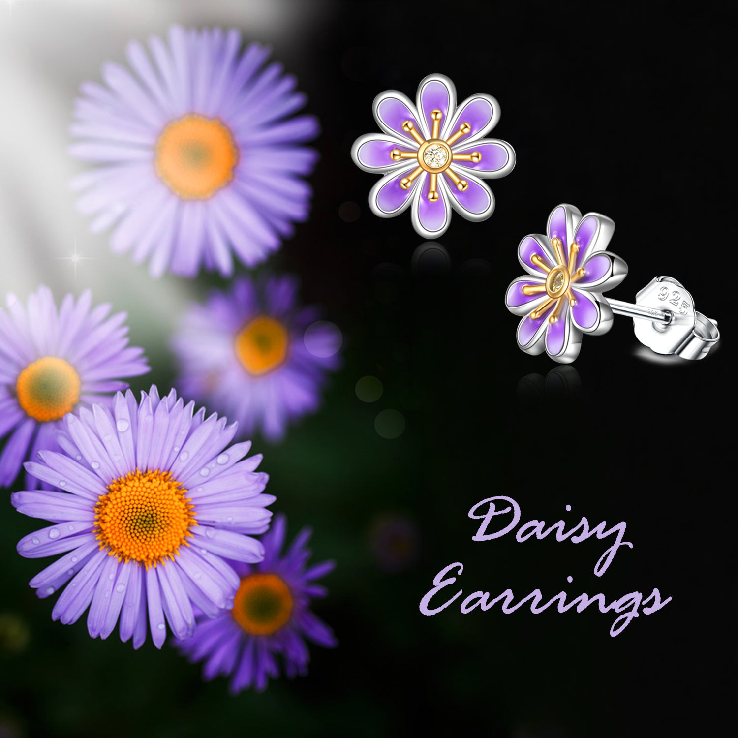 Daisy Earrings Sterling Silver Small Purple Daisy Flower Stud Earrings Jewelry
