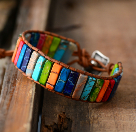 Colored Imperial Stone Hand-woven Single-layer Leather Bracelet Creative Ethnic Style Simple Bracelet
