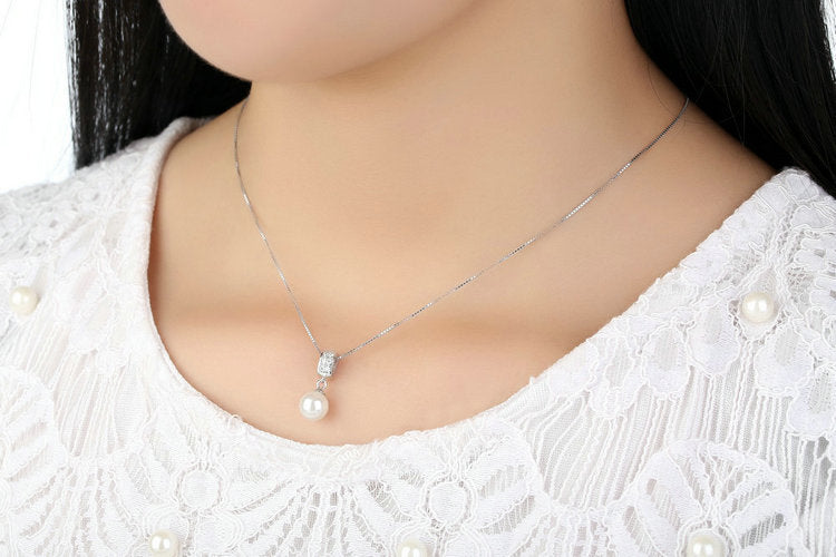 925 Sterling Silver Simulated Pearl Pendant Necklace Long Chain Necklace Jewelry Wedding Necklace
