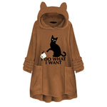 Hooded Pullover Cat Print Long Sleeved Reversible Velvet Sweater
