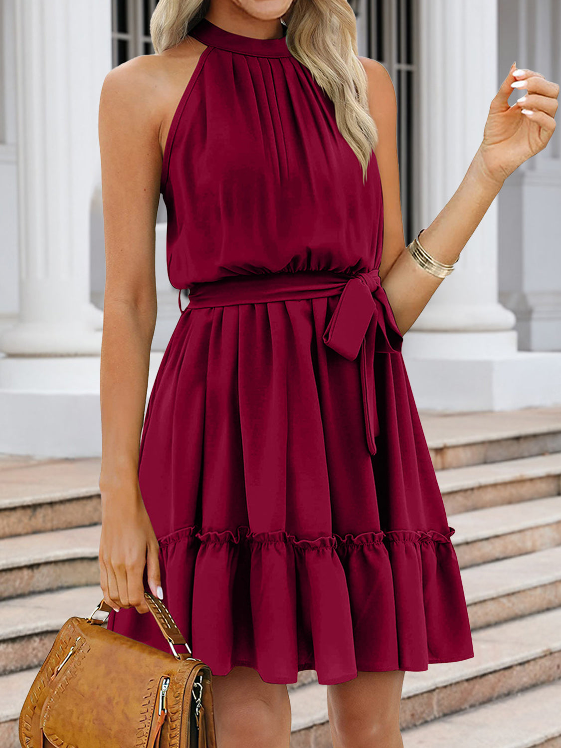 Ruched Grecian Neck Tie Waist Mini Dress
