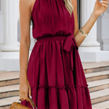 Ruched Grecian Neck Tie Waist Mini Dress
