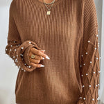 Pearl Detail Round Neck Long Sleeve Sweater
