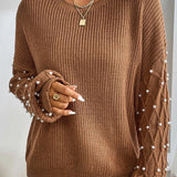 Pearl Detail Round Neck Long Sleeve Sweater
