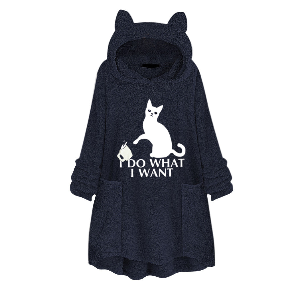 Hooded Pullover Cat Print Long Sleeved Reversible Velvet Sweater
