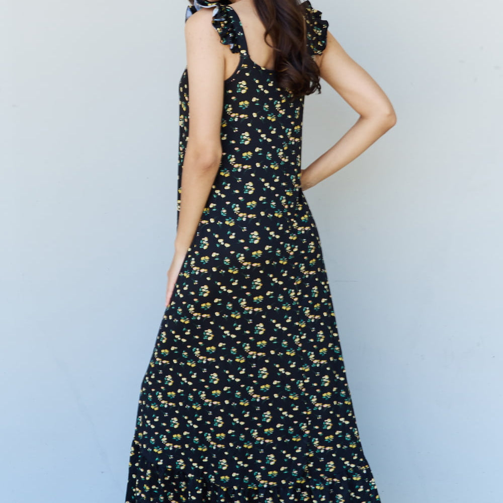 Doublju In The Garden Ruffle Floral Maxi Dress in  Black Yellow Floral
