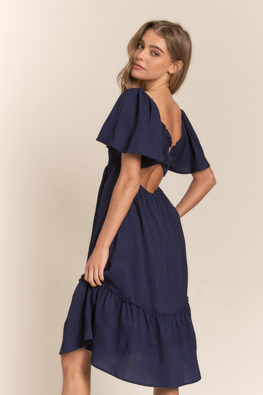 J.NNA Smocked Bow Back Ruffle Hem Dress
