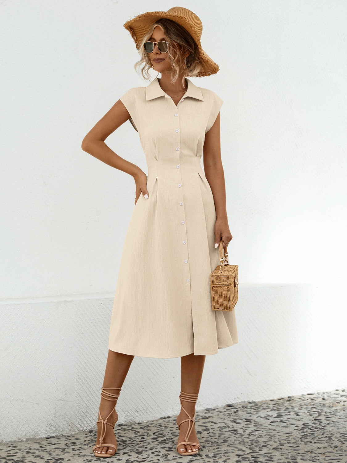 Button Up Cap Sleeve Midi Dress
