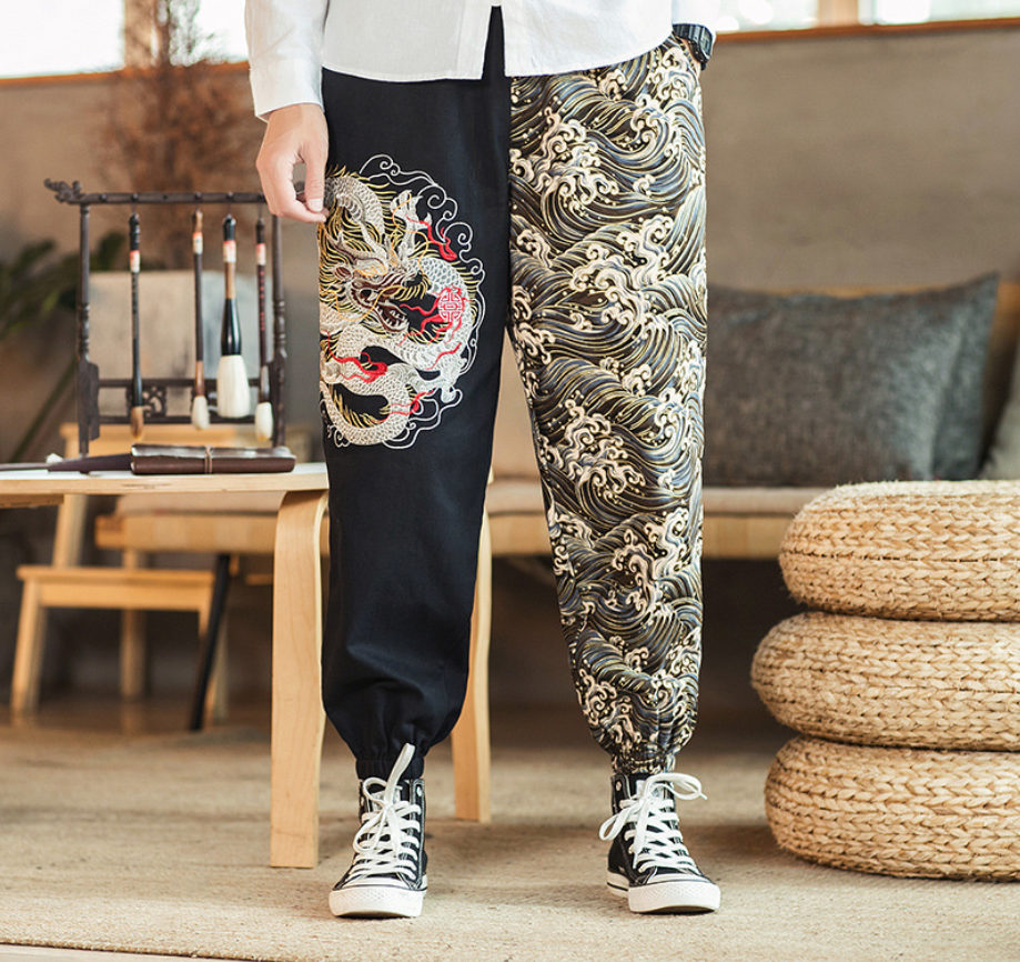 Embroidered silver dragon trousers
