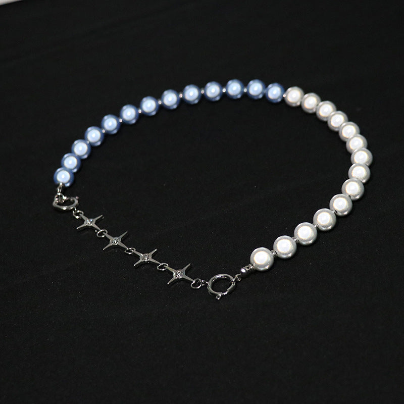 Blue Luminous Pearl Stitching Necklace Female Cross
