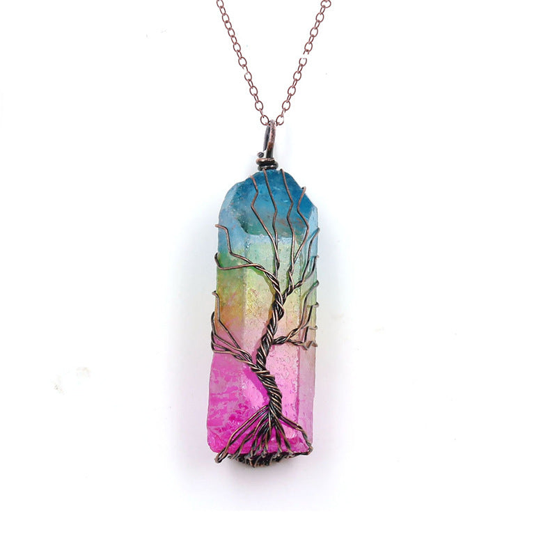 Dyed Natural White Crystal Column Tree Of Life Pendant Necklace
