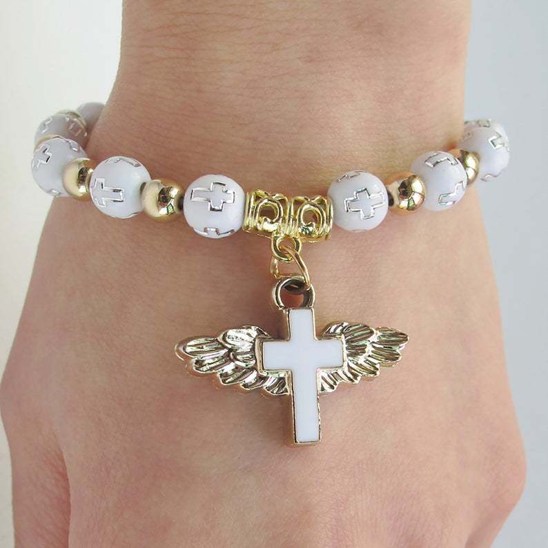 Bronzing Acrylic Cross Bead Bracelet Oil Drop Angel Cross Rosary Bracelet
