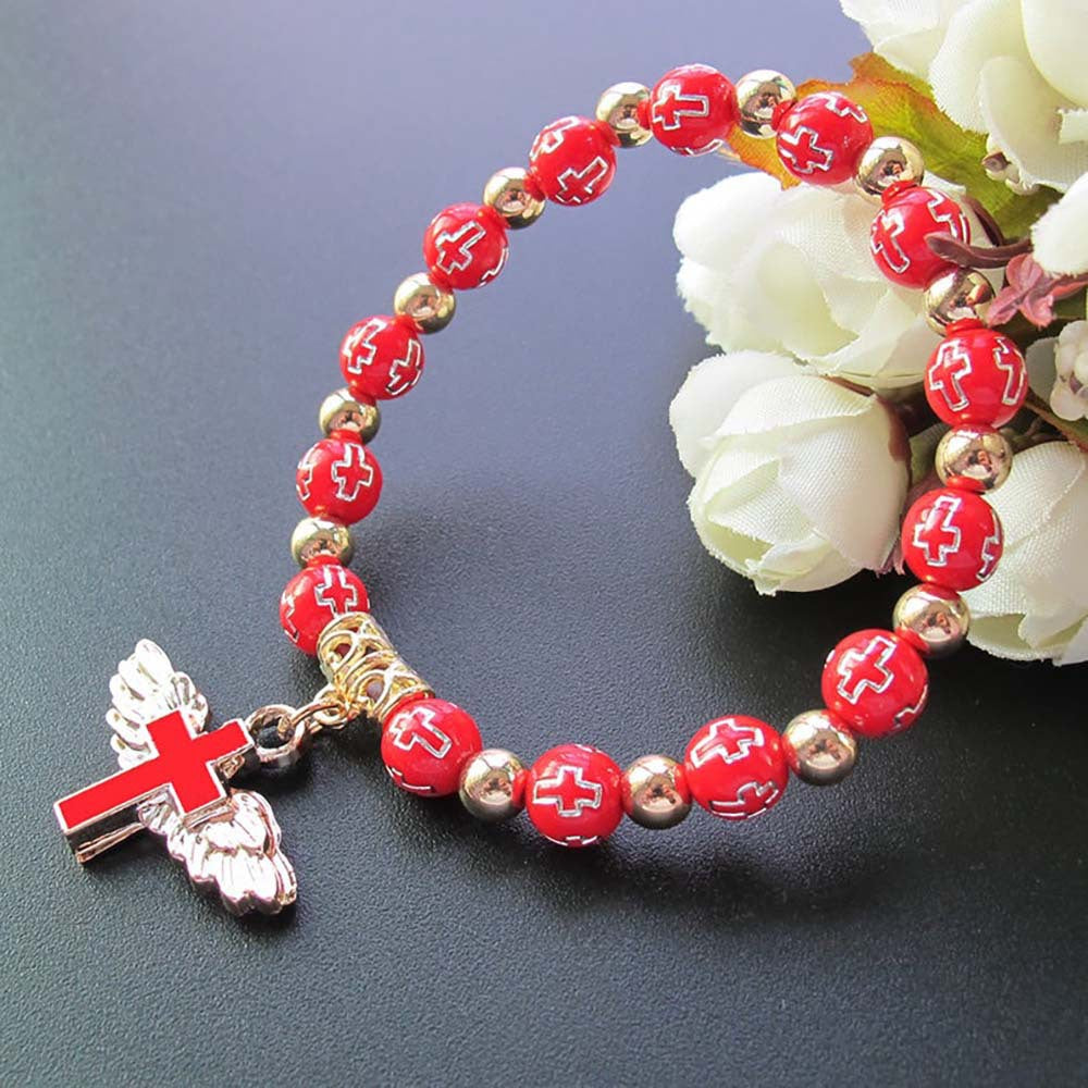 Bronzing Acrylic Cross Bead Bracelet Oil Drop Angel Cross Rosary Bracelet
