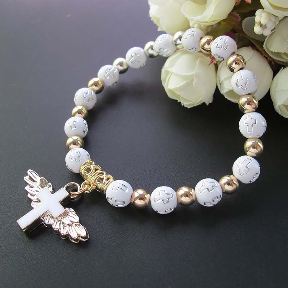 Bronzing Acrylic Cross Bead Bracelet Oil Drop Angel Cross Rosary Bracelet
